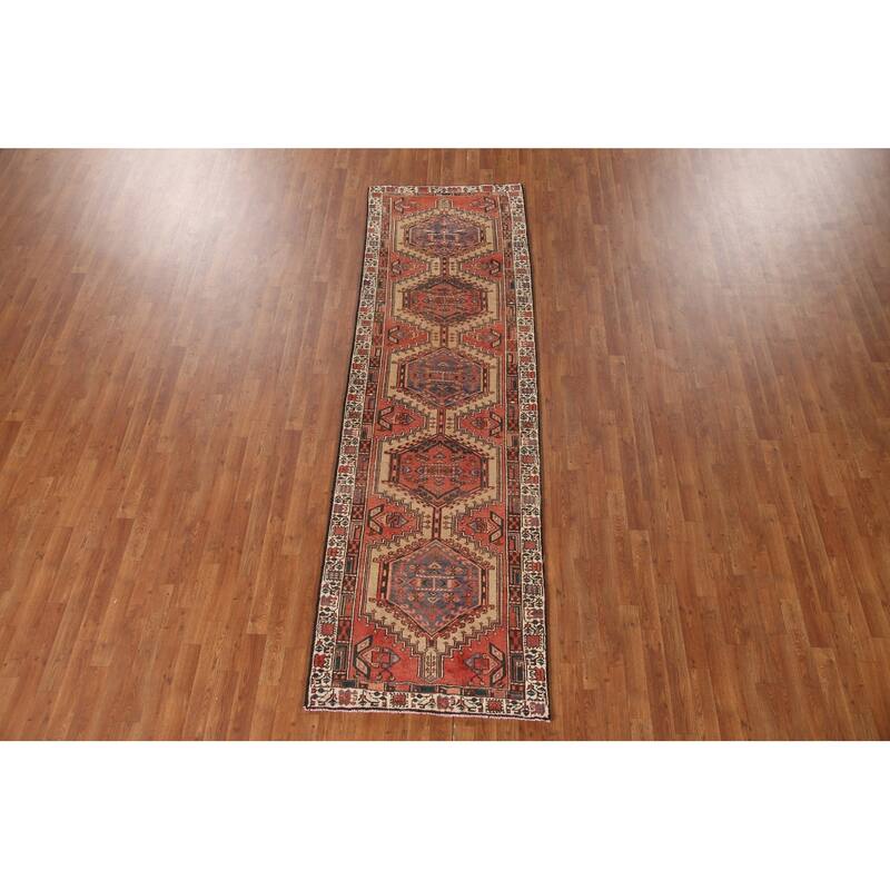 Orange Ardebil Persian Vintage Runner Rug Handmade Tribal Wool Carpet - 3'2"x 10'3"