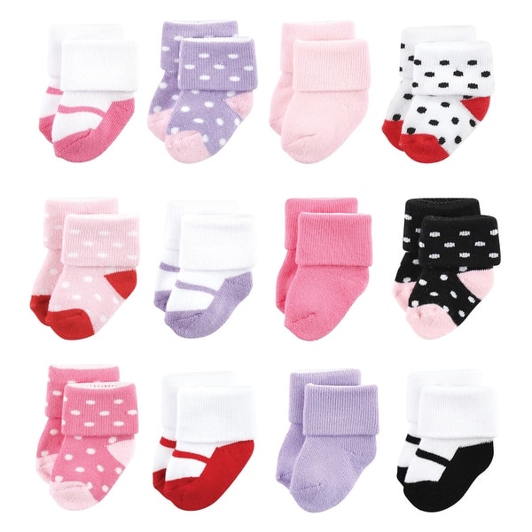 slide 1 of 1, Luvable Friends Baby Girl Newborn and Baby Terry Socks, Coral Lilac Mary Janes 12-Pack Coral Lilac Mary Janes - 0-6 Months