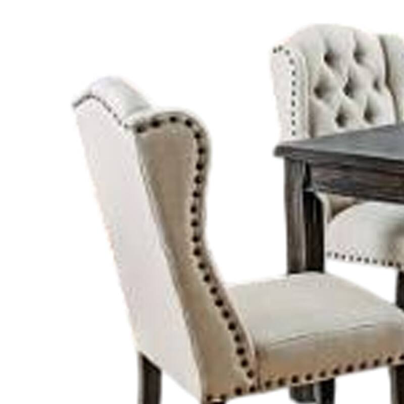 Bega 7pc Dining Table and Wingback Chair Set, Beige Linen, Black Wood