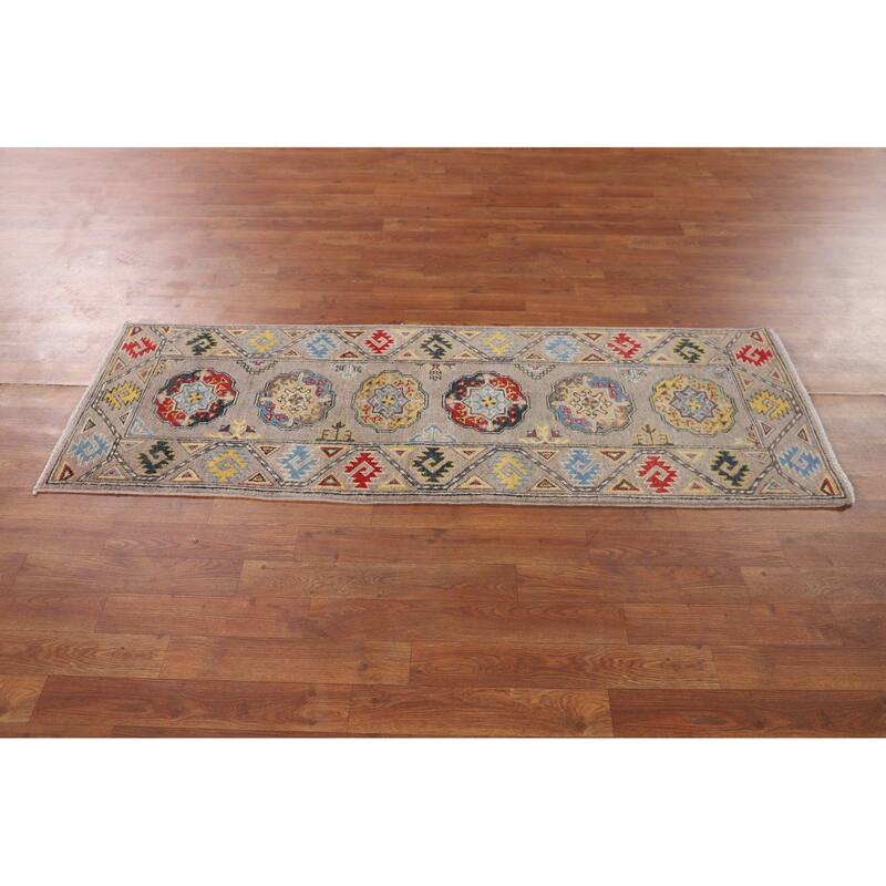 Geometric Kazak Oriental Runner Rug Hallway Handmade Wool Carpet - 2'0" x 5'11"