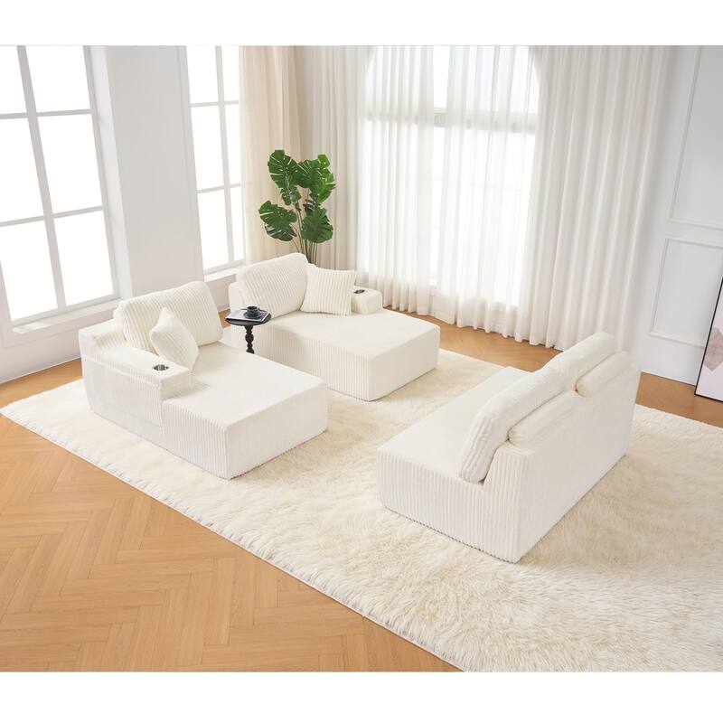 130" U-Shaped Corduroy Sectional Sofa with Cup Holders, No Assembly Required