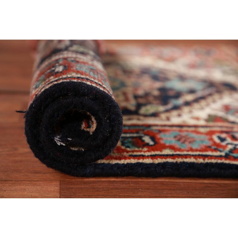 Hand Knotted Oriental 100% Wool Carpet Traditional Medallion Navy Blue & Blues Heriz (serapi) Area Rug - 3' 0'' X 2' 0''