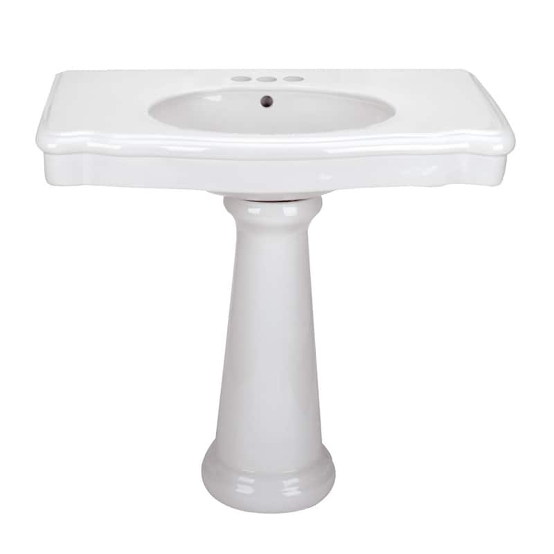 White Pedestal Sink - Darbyshire 34" W with 4" Rose Gold Centerset Faucet, Sink Drain and Overflow Renovators Supply