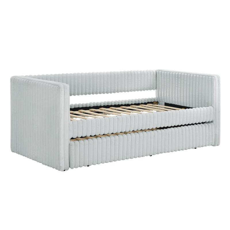 Roomfitters Twin Upholstered Daybed with Pull-Out Trundle, Corduroy Fabric Sofa Bed Frame for Living Room