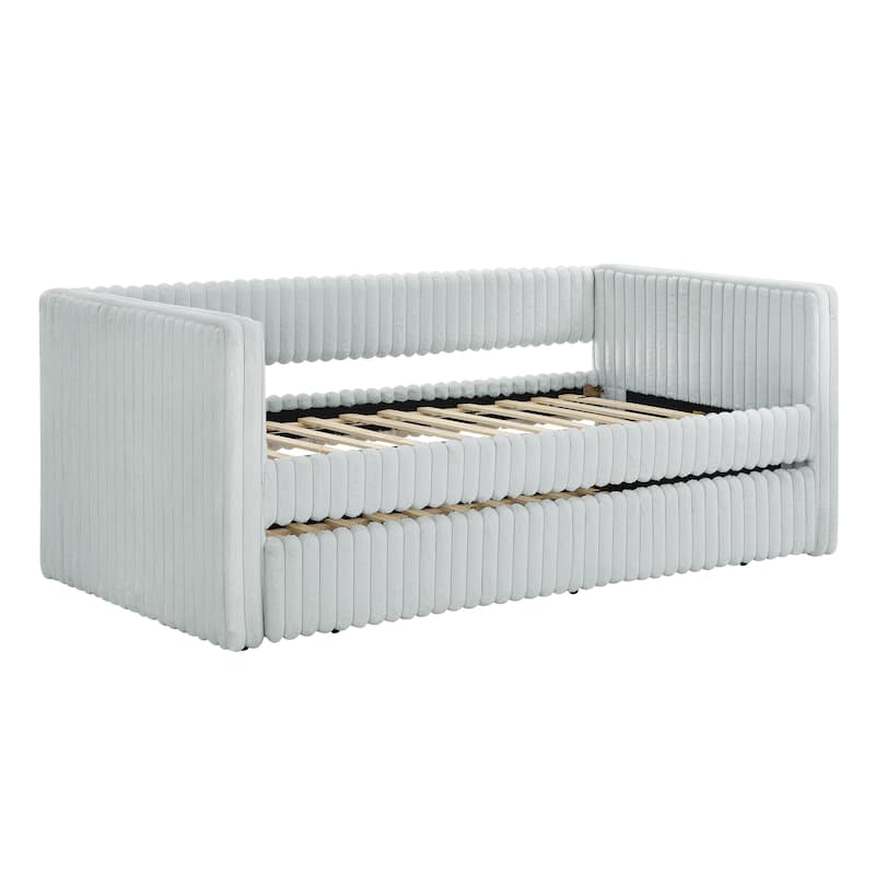 Twin Size Convertible Daybed with Plaid Corduroy Upholstered Sofa Bed Pull-Out Trundle (Space-Saving Design)