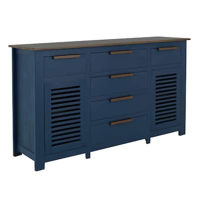 Boney Sideboard Buffet Console, 6 Drawers, 2 Doors, Blue Brown 69 Inch