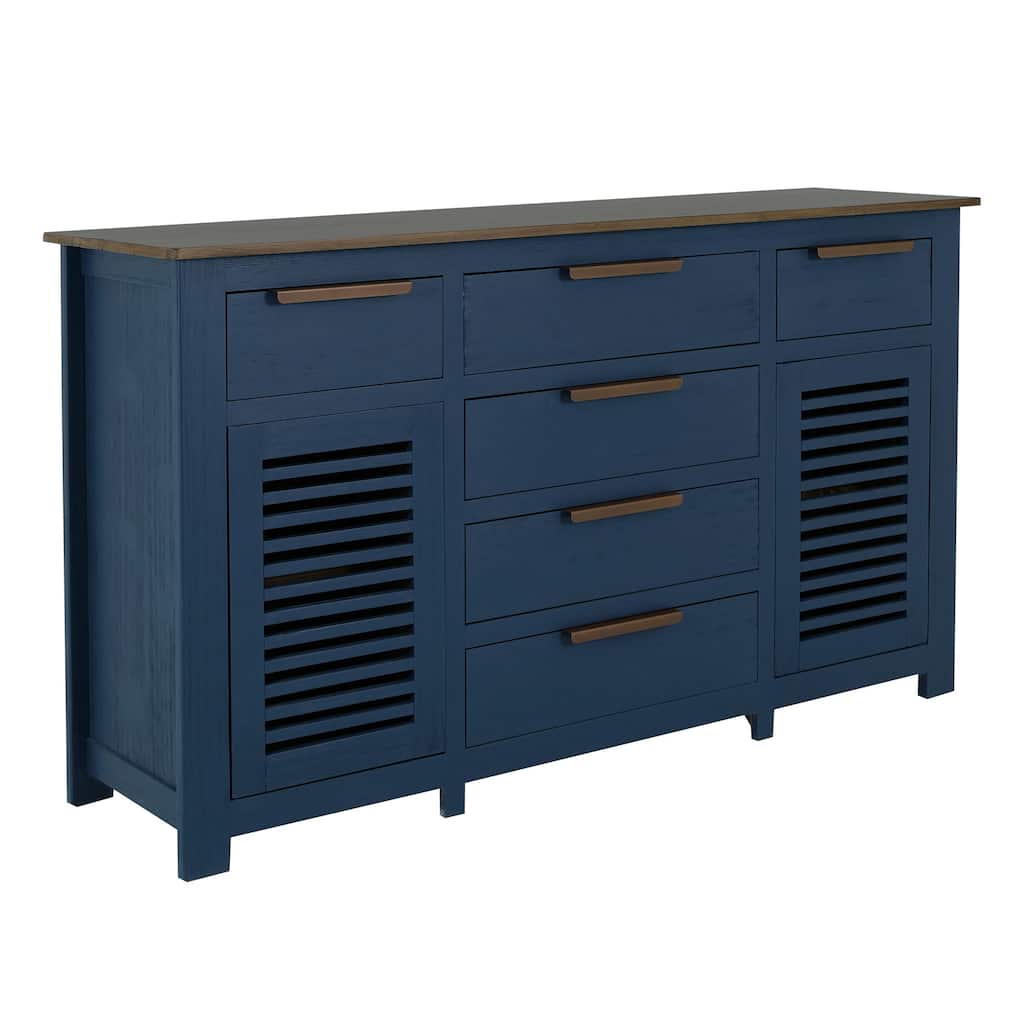Boney Sideboard Buffet Console, 6 Drawers, 2 Doors, Blue Brown 69 Inch