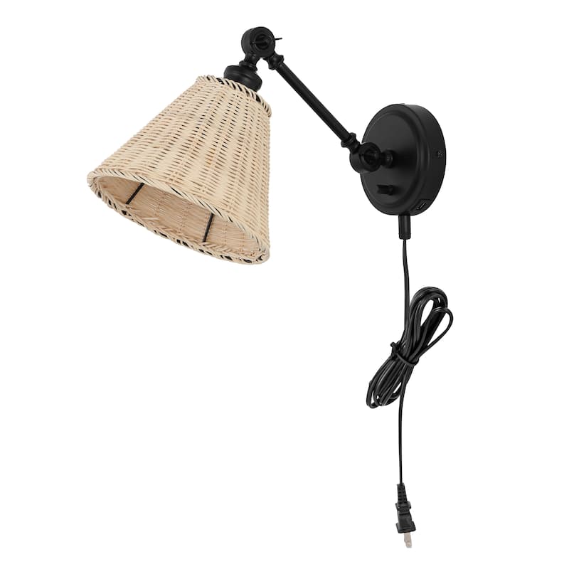 SAFAVIEH Lighting Oswynn Wall Sconce (Set of 2) - Black/Natural Rattan - 8"W x 15"D x 10"H