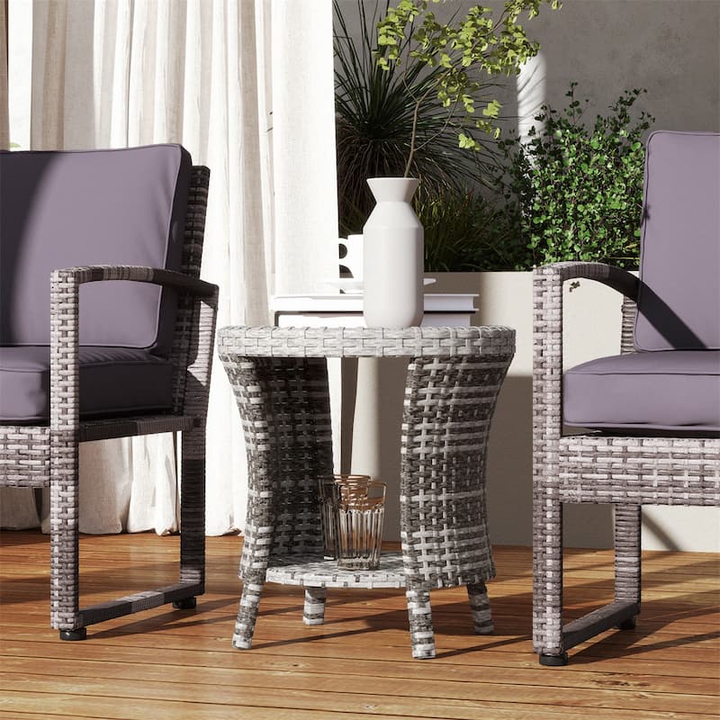 Steel PE Rattan WPC 2-Tier Hourglass Outdoor Side Table - 18.1" Dia. x 19.7" H