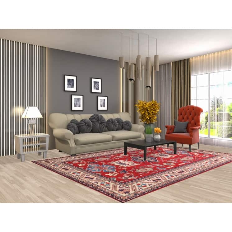 Red Geometric Kazak Area Rug Hand-Knotted Living Room Wool Carpet - 6'8" x 9'9"