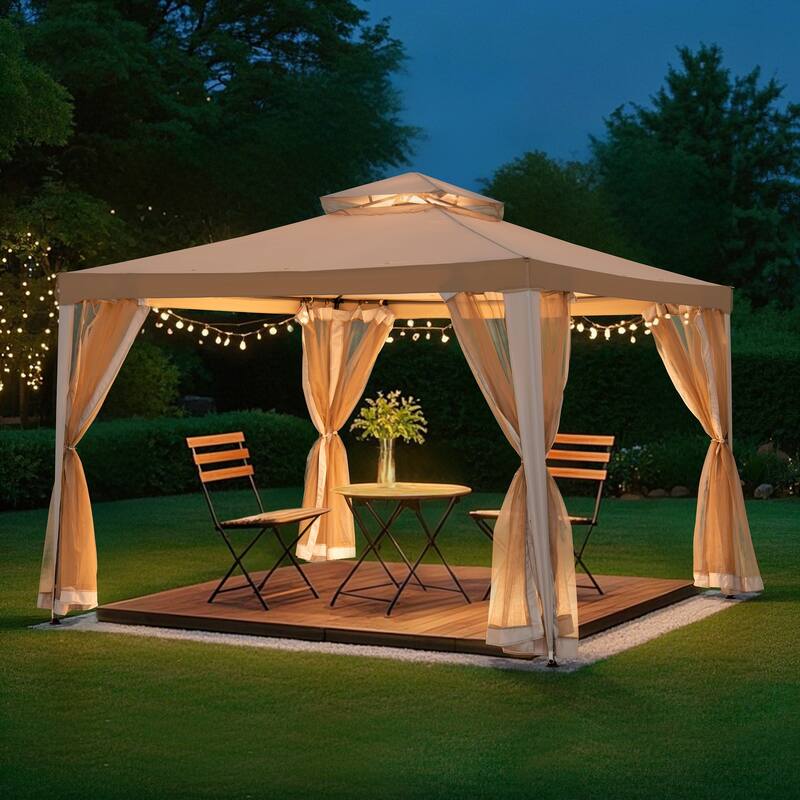 Sunjoy 10’ x 10’ Outdoor Patio Gazebo, Outdoor Backyard Modern 2-Tier Steel Frame Soft Top Gazebo with Mesh Netting