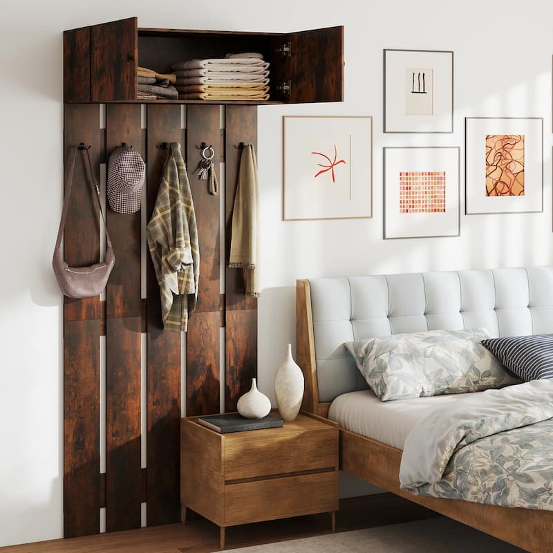 Engineered Wood Wall Coat Rack with Hooks and Cabinet - 35 x 13 x 82.6 in.