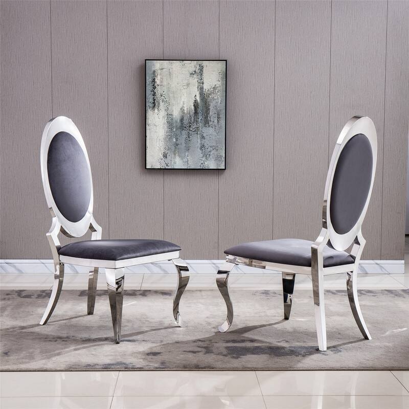 2PC Accent Dining Chair with Oval Backrest and Stainless Steel Legs