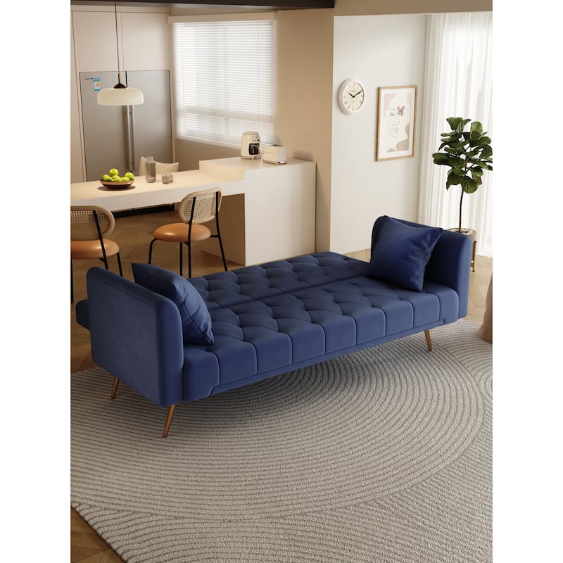 Velvet Loveseat Sofa Adjustable Backrest Sleeper Sofa Bed with 2 Pillow Upholstered Deep Seat Sofa, Tufted Couch