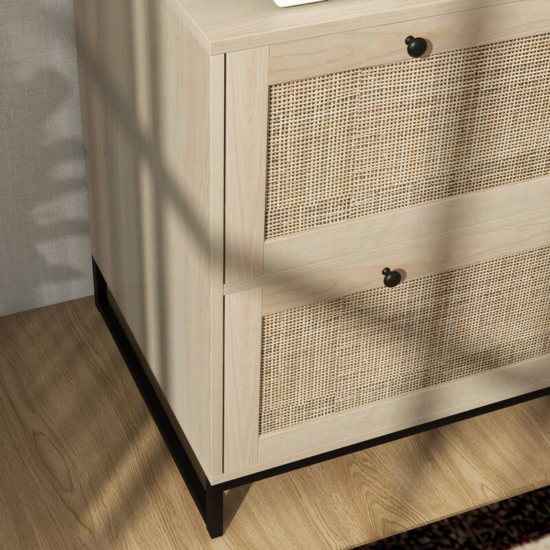 Wood Filing Cabinet with Lock, Rattan 2-Drawer Home Office Storage Cabinet with Adjustable Hanging Bar