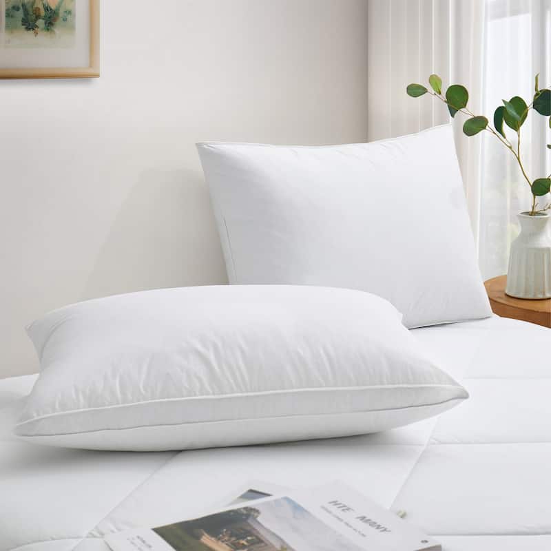 Set of 2 Goose Down Feather Oval Gusseted Bed Pillows with 100% Cotton Cover - White - Medium-Firm - Standard