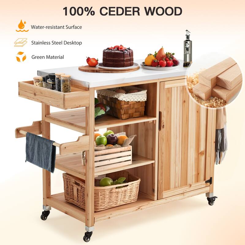 EROMMY Outdoor Kitchen Island on Wheels, Solid Cedar Wood Grill Cart with 201 Stainless Steel Top & 3‑Tier Storage - Wood Color