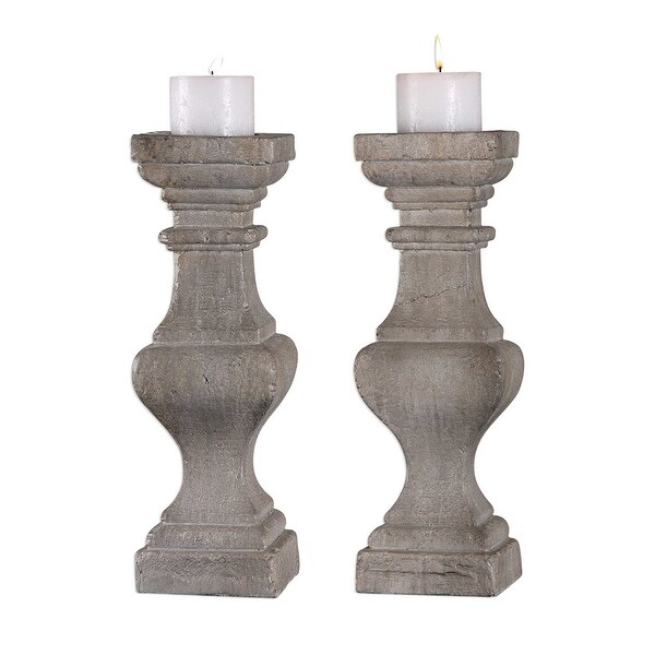 Set of 2 Corin Stone Ivory Pillar Candle Holder 21” - N/A