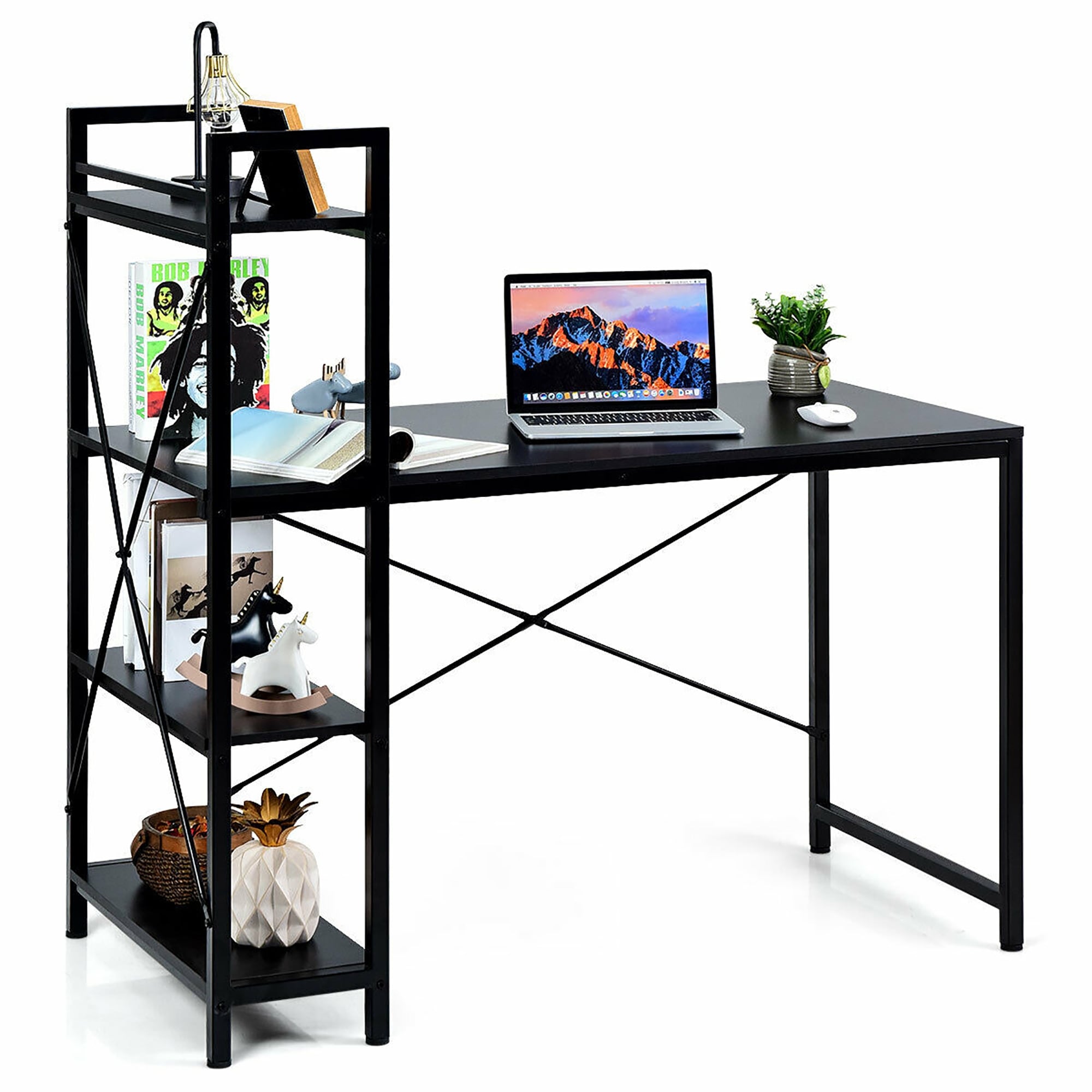 Black Small Size TANGKULA Computer Desk Writing Table Simple Home Office Computer Workstation with Tempered Glass Top & Iron Frame Student Writing Desk Home Furniture 