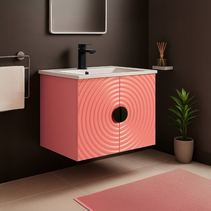 Pellabay Modern Bathroom Vanity with Fluted Circular Doors - Sink Included - 24" - Coral Pink