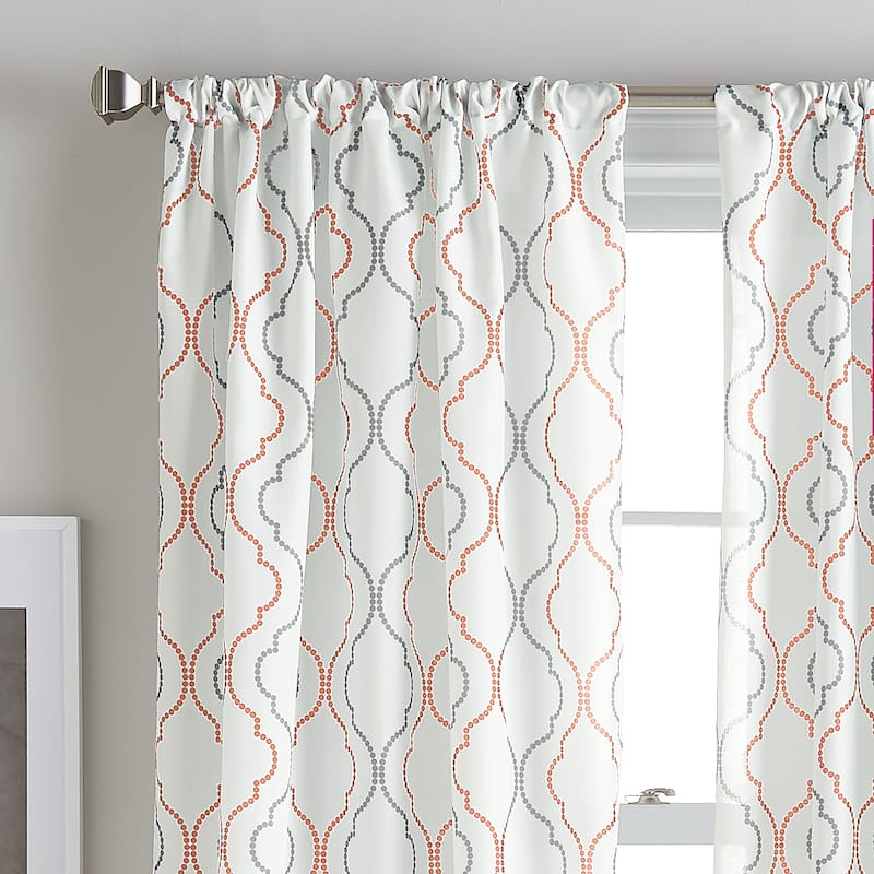 Coco Ogee Print Hourglass Embroidery Sheer Rod Pocket Curtain Panel