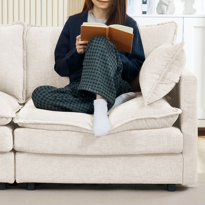 L Shaped Modular Sectional Sofa with Ottoman, Comfy Chenille Upholstered Cloud Couch, 4-Seat Deep Seat Sofa with Pillow