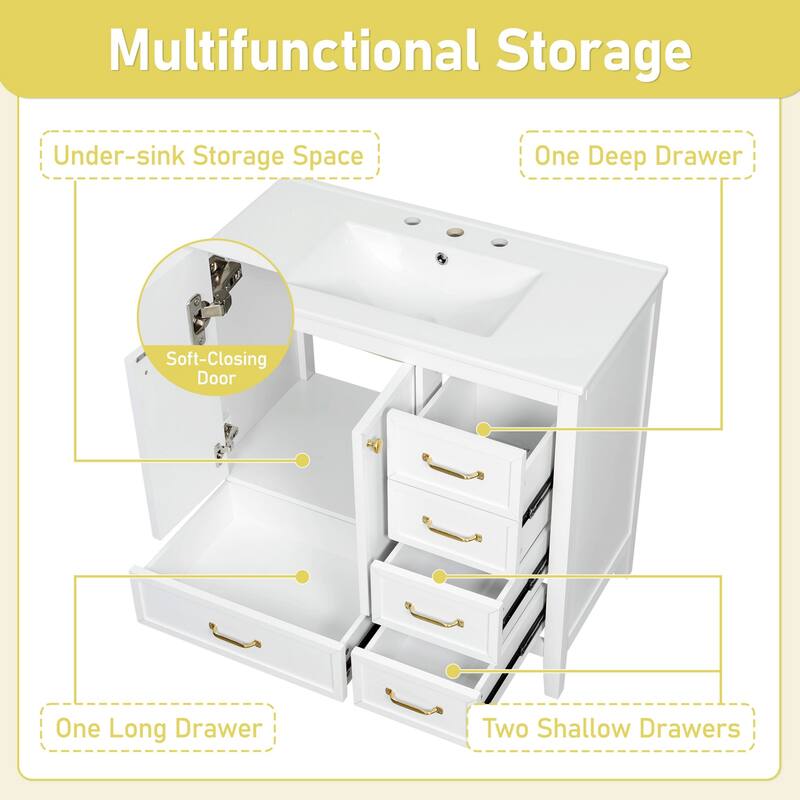 36-Inch Bathroom Vanity with Soft-Closing Drawers,Ceramic Sink,and Wood Frame