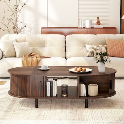 48" Mid Century Center Table with Sliding Fluted Doors and Open Compartment-Walnut - Multi
