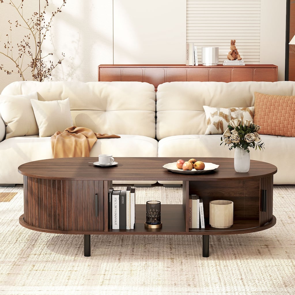 48" Modern Walnut Coffee Table with Fluted Sliding Doors and Open Storage Shelf Metal Frame - 48" x 24" x 16"
