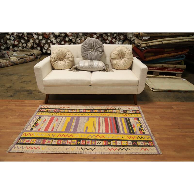 Hand Woven Oriental 100% Wool Carpet Southwestern Tribal Yellow & Gold Kilim Area Rug - 5' 0'' X 3' 3''