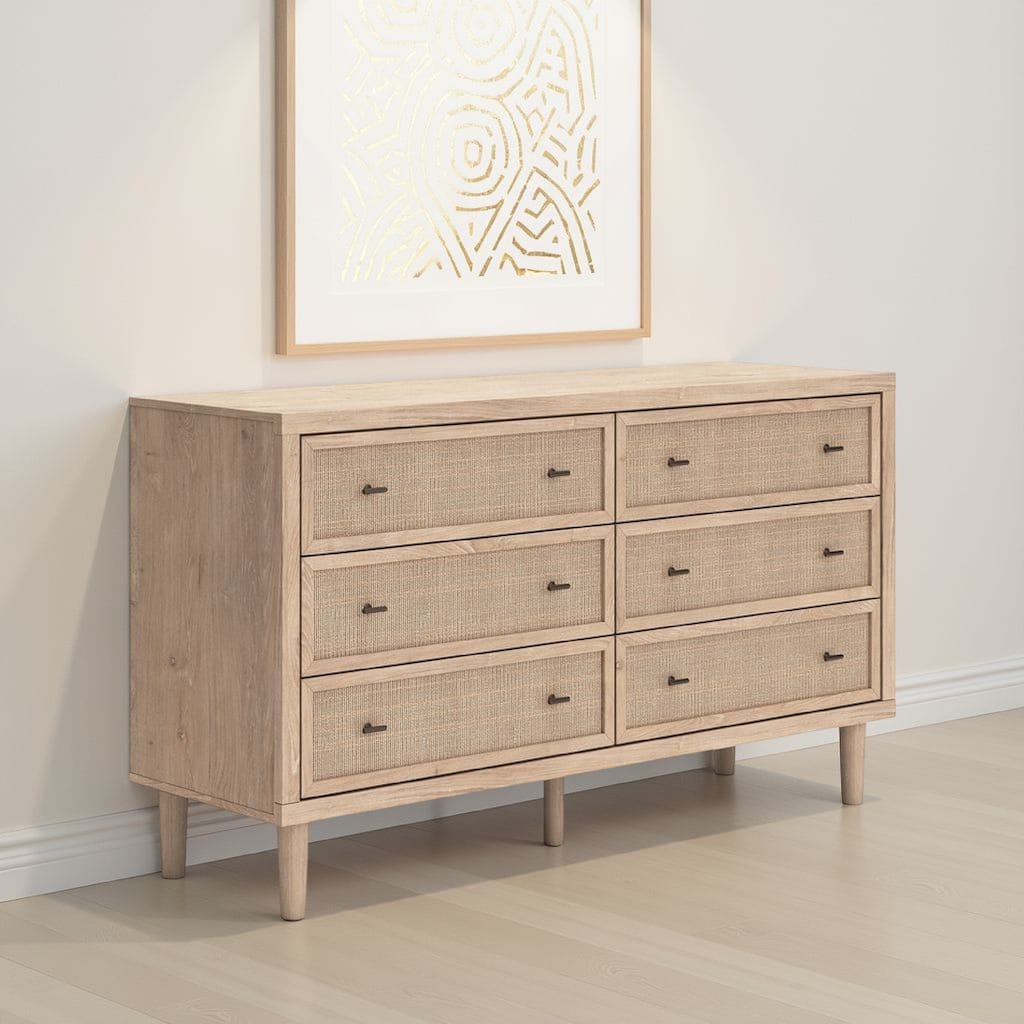 Ciel Wide Dresser, 6 Drawers with Metal Knob Handles, Brown and Bronze