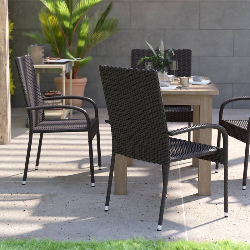 Indoor/Outdoor Stacking Steel Framed Wicker Dining Armchairs - 4 Pack