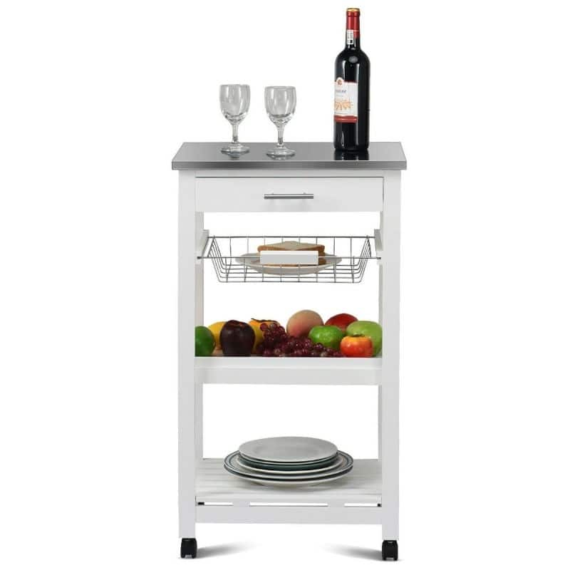 White Kitchen Cart with Storage Drawer and Stainless Steel Top - 18.5" x 14.5" x 33" ( L x W x H )