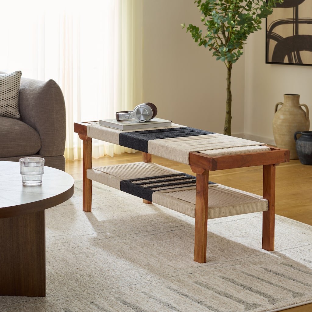 SAFAVIEH Munich Boho Solid Wood Bench with Lower Shelf, Fully Assembled - 48"W x 16"D x 18"H