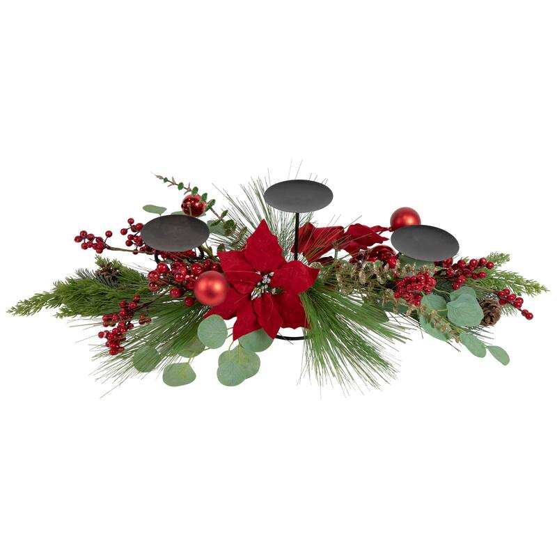 32" Triple Candle Holder with Red Berry and Poinsettia Christmas Decor