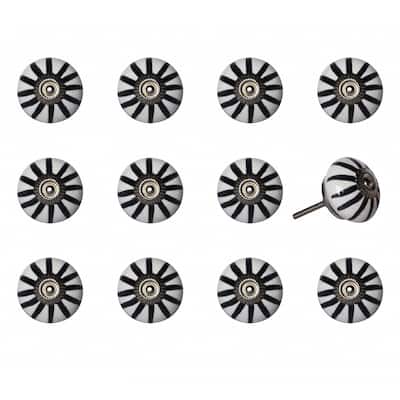 Set of 12 Decorative Ceramic Cabinet Knobs 1.5" Round Flower Pull Handles for Drawers and Furniture - Black, White, Silver