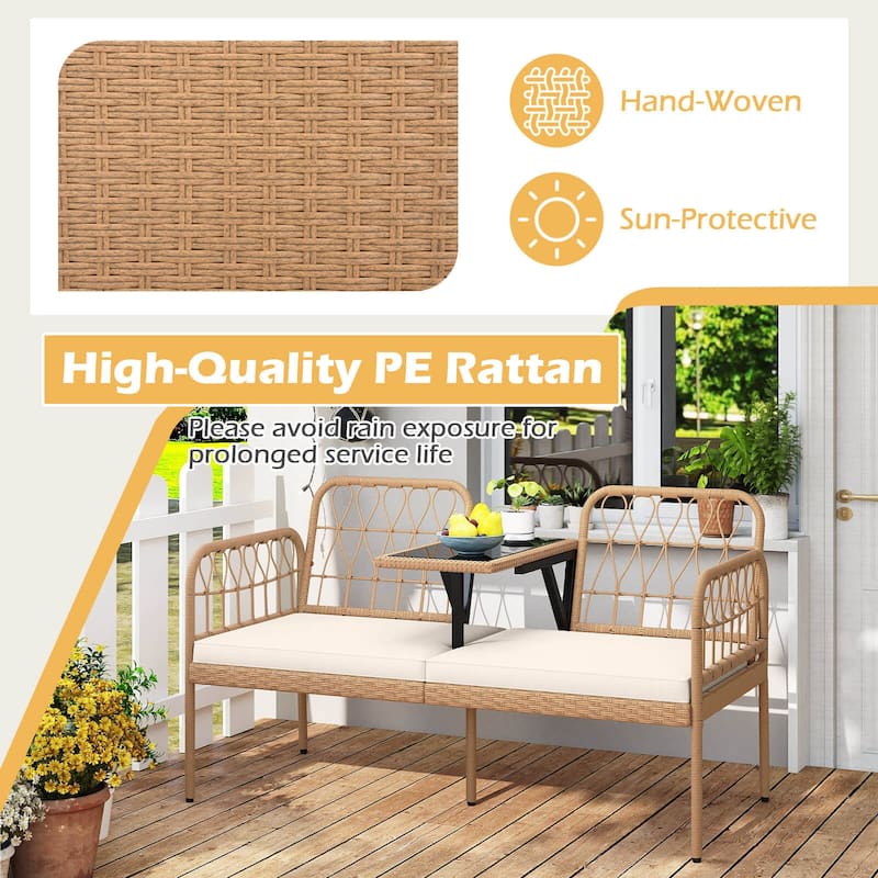 Costway PE Rattan Outdoor Loveseat with Built-in Coffee Table & Soft - See Details
