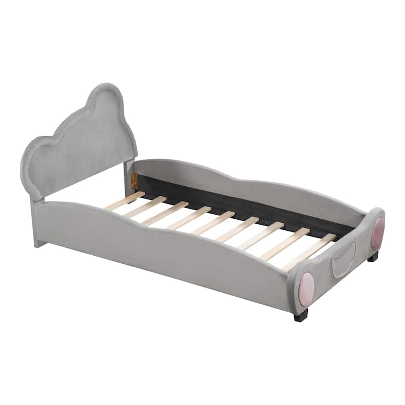 Gray Twin Size Velvet Platform Bed with Bear-Shaped Headboard and Bed-End Storage Pocket