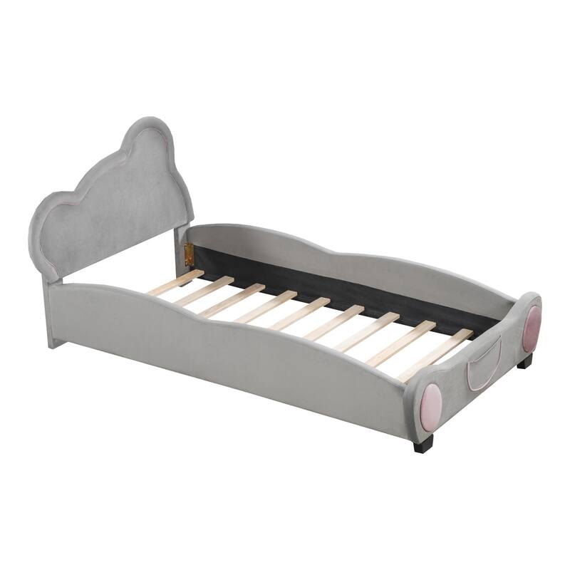 Twin Velvet Upholstered Bed with Bear Headboard and Bed-End Storage Pockets - Perfect for Kids' Rooms