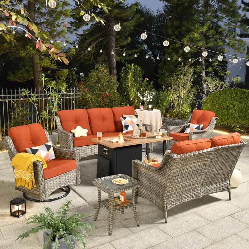 HOOOWOOO 6-piece Wicker Outdoor Conversation Set Swivel Chairs with Fire Pit - Red/Orange