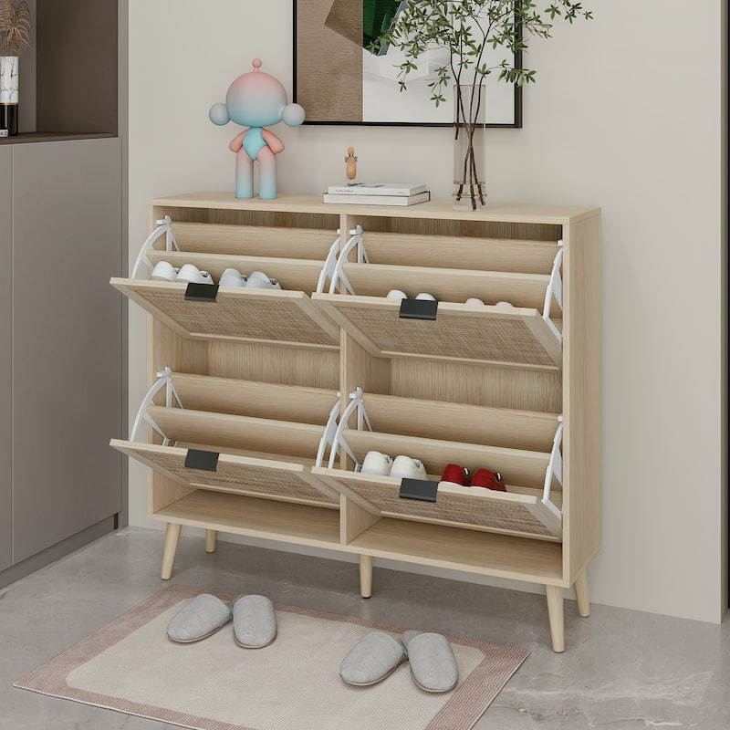 Modern Natural Rattan Shoe Rack Storage Cabinet for Entryway