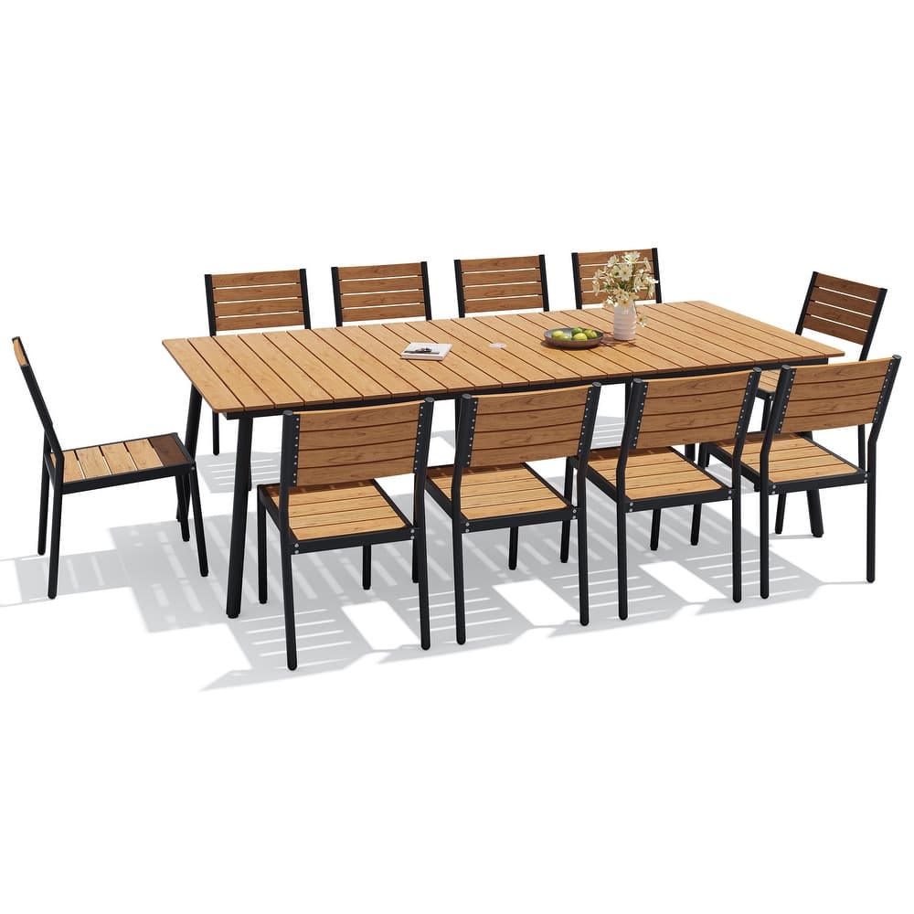 11-piece Outdoor Patio Aluminum Rectangle Dining Set with Umbrella Hole