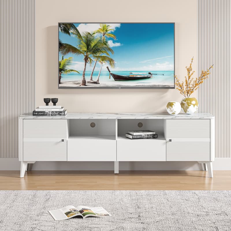 Stylish 70-Inch TV Stand with Marble-Printed Top - 70" in Width - White