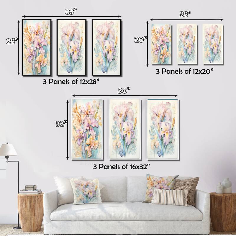Designart "Purple Iris Flower In Vintage Pastel Tones V" Irises Wall Art Traditional Printed Art Set Of 3 For Bedroom