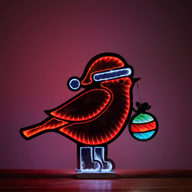 Acrylic Plastic Cardinal Bird with Santa Hat Ornament and Infinity Light Effect - 18” x 2.75” x 15.75” (L x W x H)