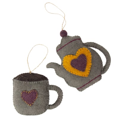 Handmade Felt Coffee Pot & Coffee Mug Ornament Set, Stone Grey