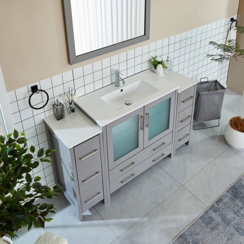 Vanity Art 60-Inch Single Sink Bathroom Vanity Set 8 Dove-Tailed Drawers 3 Cabinets 1 Shelf Soft-Closing Doors with Free Mirror
