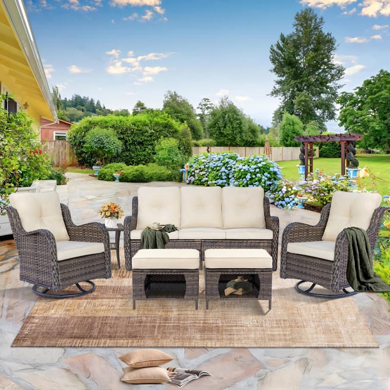 Outdoor Furniture-Wicker Patio Furniture Sets with Swivel Rocker Chair - 6 Piece - Cream