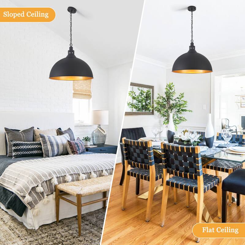 Modern Fashion Simple Black 1-Light Chandelier Height Adjustable With Metal Domed Shade