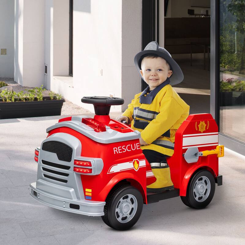 Red 12V Dual Motor Car Kids Ride-On Fire Truck with Flashing Lights and Siren Music Horn - 33.9" L x 19.3" W x 20.5" H